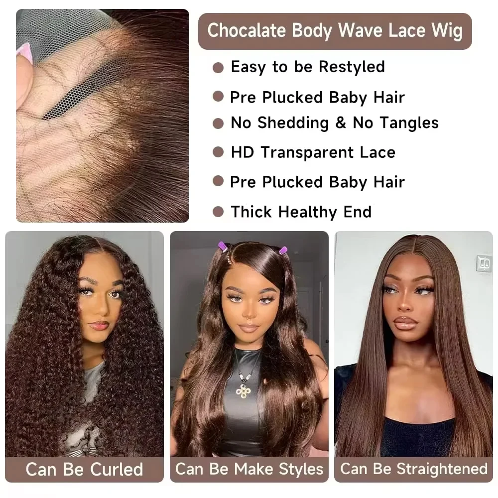 30 inch Body Wave Chocolate Brown Lace Front Wigs Human Hair Pre Plucked Brazilian Brown Virgin Hair 13x4 13x6 HD Frontal Wig For Women image 4