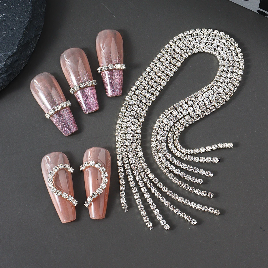 1 حزمة طويلة فاخرة تألق سلسلة مسمار الملحقات سلسلة معدنية فضية مع زخارف الماس DIY بها بنفسك رسومات أظافر الديكور