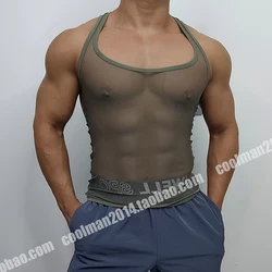 Sexy Mesh See Through Fitness Sports Tank Top Men's Fitness Running Training Plus Size T-shirt Top