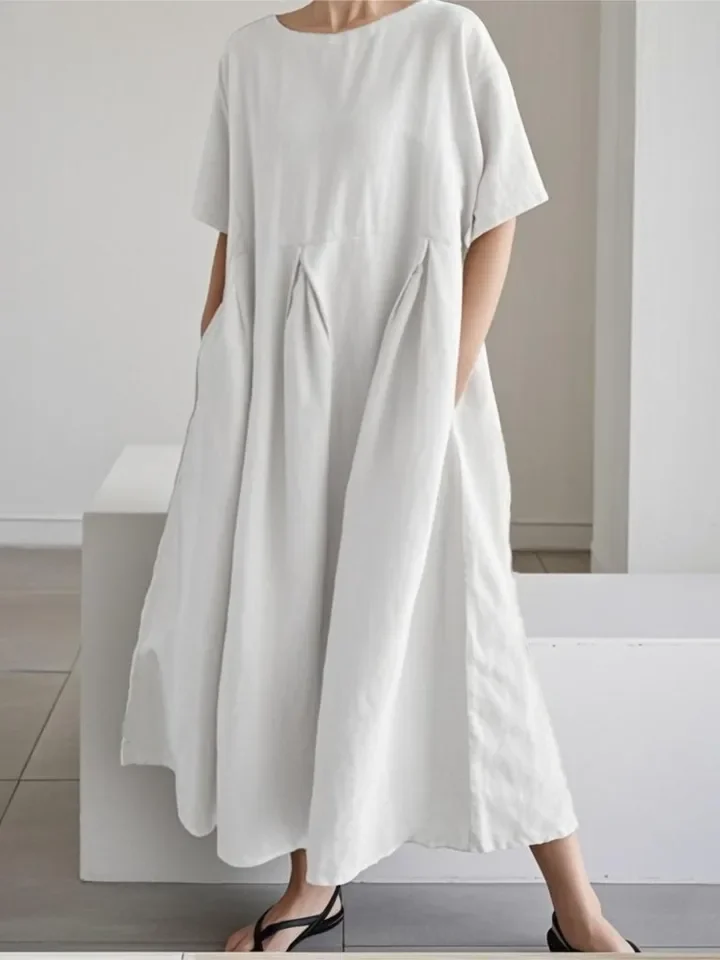 فستان فضفاض غير رسمي للنساء موضة كم قصير رقبة دائرية فساتين رداء نسائي عطلة مكتب ملابس نسائية صيف جديد 2025