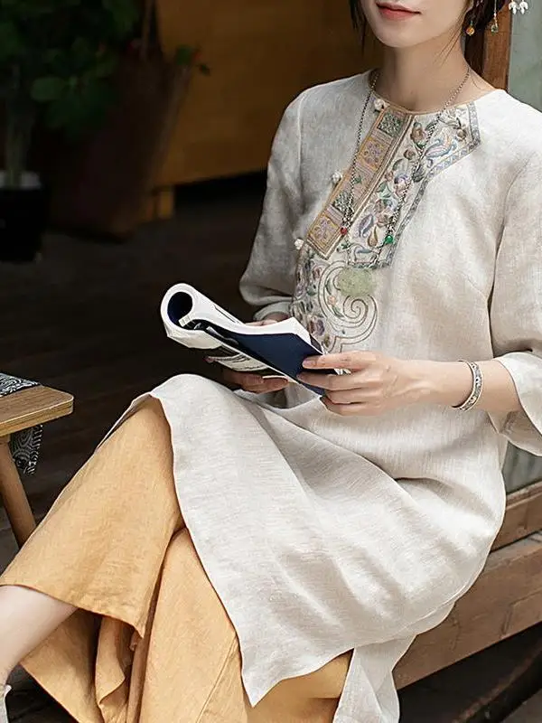 Retro Embroidered Cotton Linen One-Piece Dress with Button Detail Lightweight Chinese Style Tea Costume Women's Dress