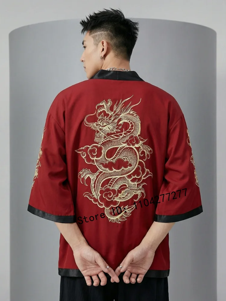 Summer Japanese Style Dragon Print Kimono Shirt, Traditional Samurai Loose Open Front Blouse for Men Women