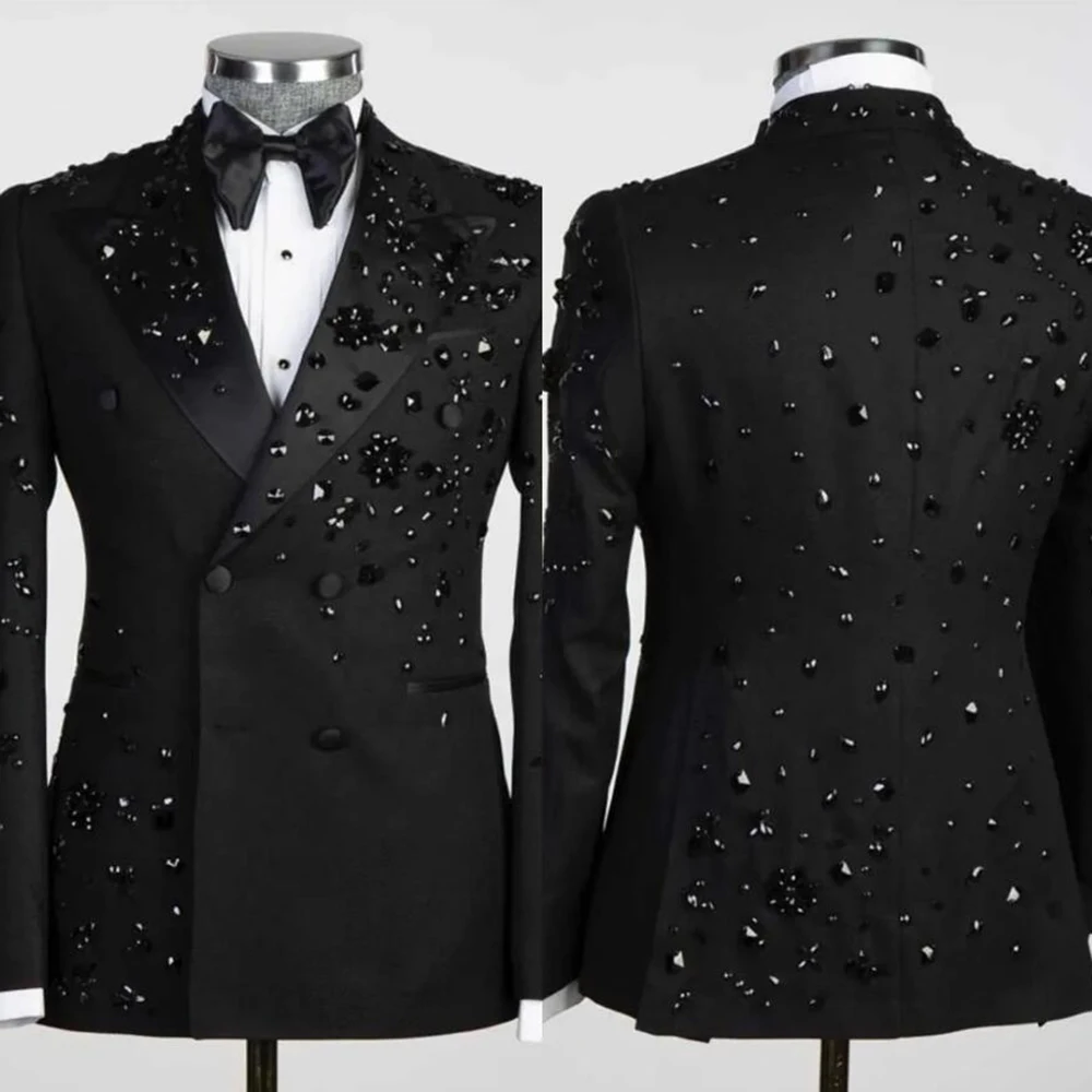 

Luxury Men Suit 2025 Beaded Rhinestone 2 Piece Set Peaked Lapel Wedding Tuxedos Customized Double Breasted Groom Suit Plus Size