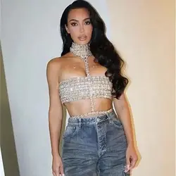 Top corto sin tirantes con cadena y cuello de diamantes súper brillantes para mujer, traje de fiesta de moda Sexy, artículo de alta calidad