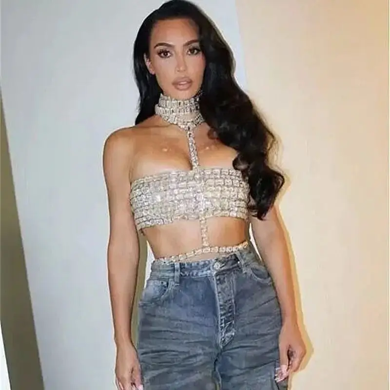 High Quality Stylish Item Super Shining Diamonds Fashionable Neck Chain Short Strapless Top Hot Sexy Woman Fashion Party Outfit