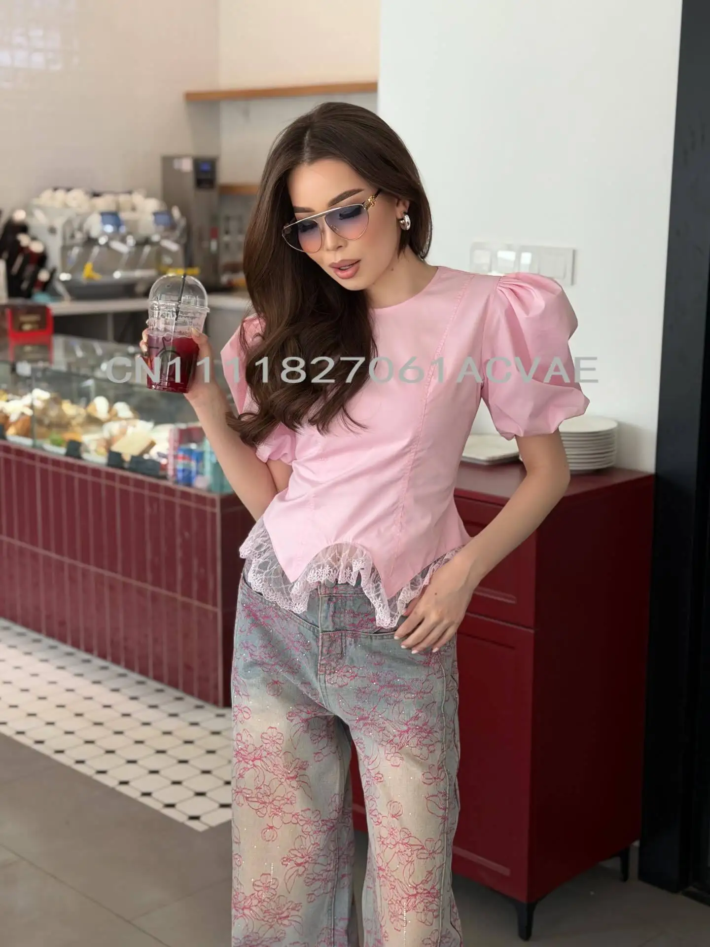 2026 new lace patchwork irregular hem short sleeved t-shirt women's summer short top
