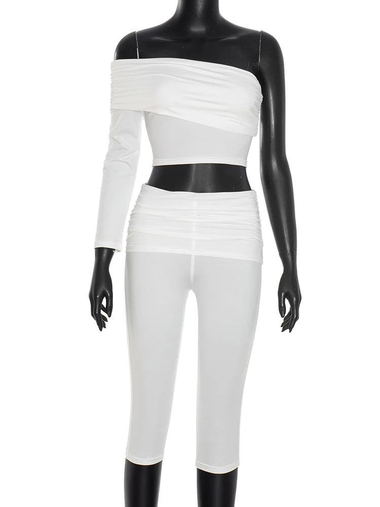 Set 2 Potong Gaya Sporty Seksi Kliou untuk Wanita, Atasan Crop Top Desain Lengan Satu Bahu Model Bungkus Dada + Celana Pendek Ketat, Pakaian Fashion Jalanan