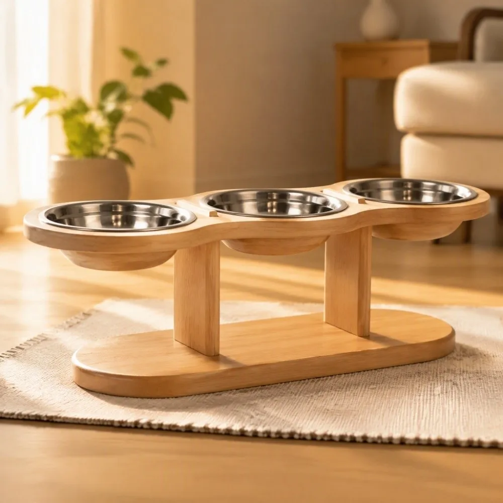 3 Bowls Elevated Pet Feeder Bowl Detachable Neck-Protecting Cat Food Water Bowl Anti-flip Wooden Pet High Footed Bowl Indoor Use