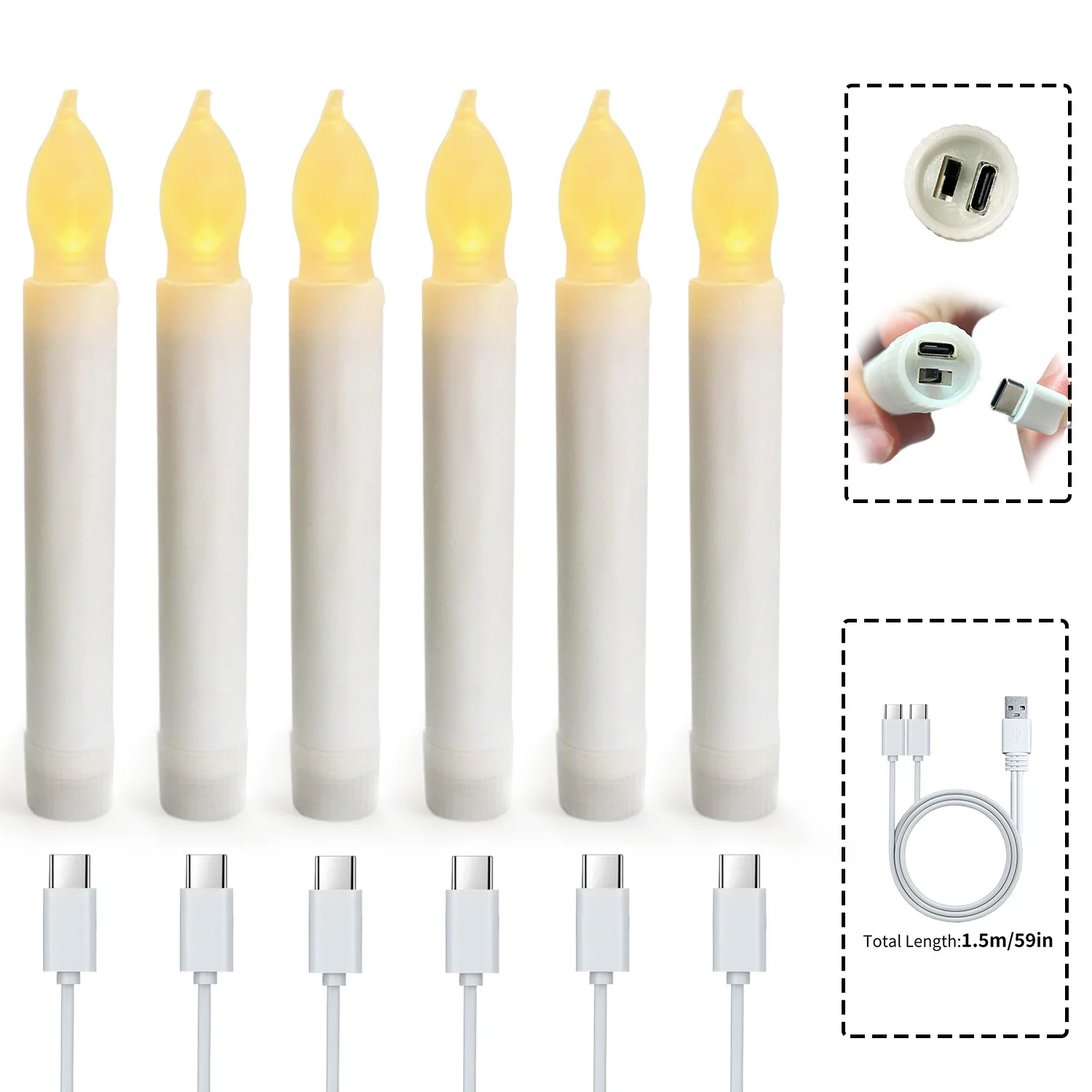 USB-C Rechargeable LED Taper Candle 2PC Warm White 3D Wick Light Window Wax Flameless Christmas Home Wedding Decor 16.3-16.8cm