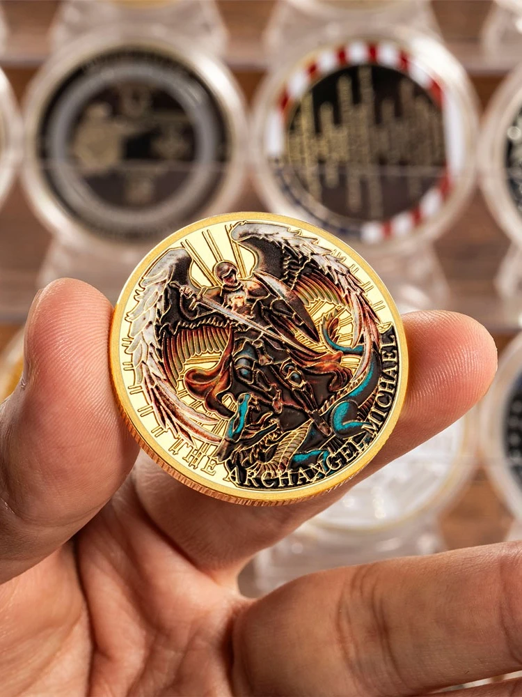 Pièce de Collection de l'Archange Michel, Pièce Commémorative, Ange Panoramique, Plaquée Or, Porte-Bonheur