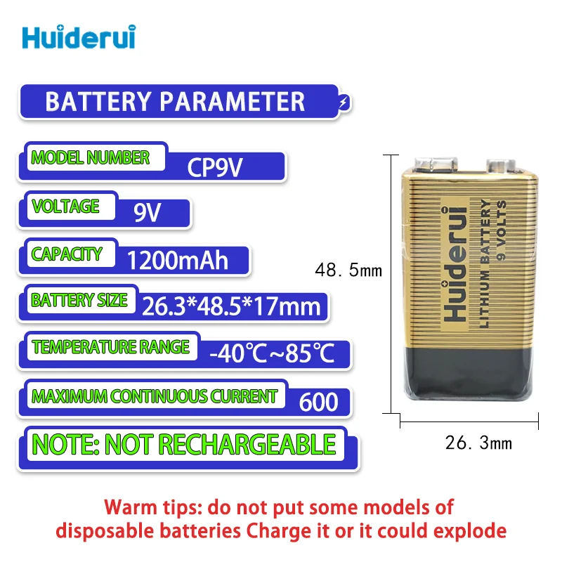 CP9V 9.0V Li-MnO2 Battery gas detector, dryer, alarm, toy, wireless microphone, thermometer, temperature recorder
