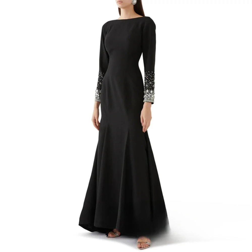 فستان سهرة جيرسي أسود مع كيب حورية البحر فستان حفلة كريستال ستون كم طويل طول الأرض فساتين الحفلات الرسمية حسب الطلب