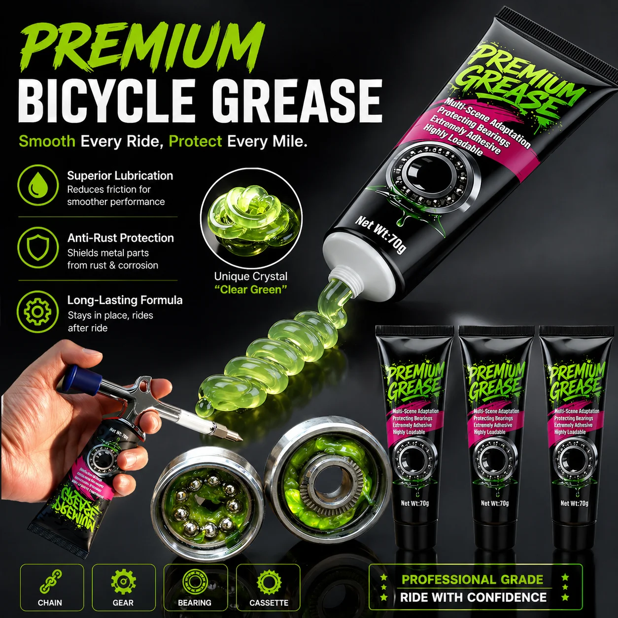 Grasa Premium para Bicicleta de 70g, Grasa para Rodamientos Green Apple Sause, Lubricante para Buje y Ejes, Aceite Lubricante con Elementos Lipídicos para Shimano y Sram