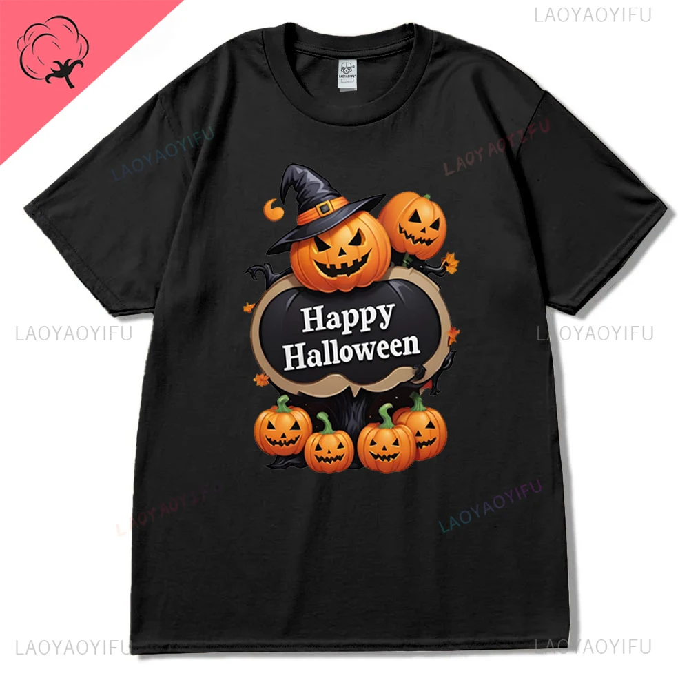 Camiseta de algodón con estampado de Halloween para mujer, camisa de manga corta con estampado de calabaza y lámpara, fantasma de Terror, ropa de calle Hipster