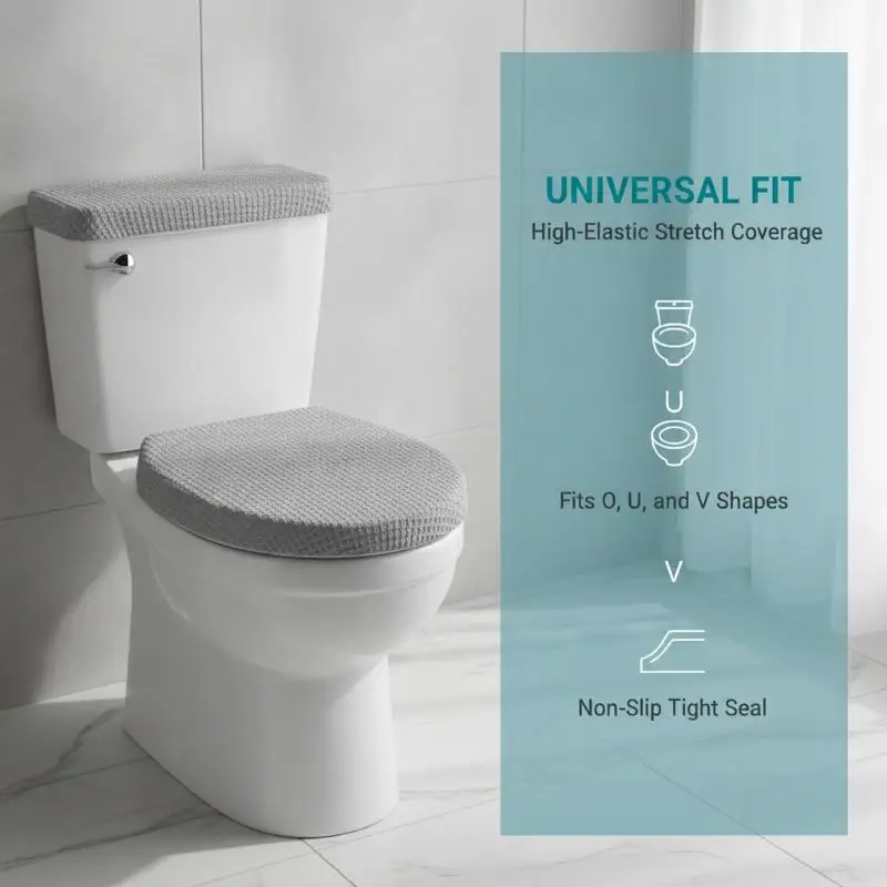 2Pcs No Fading Toilet Seat Cover Set Elastic Washable Solid Color Toilet Lid & Tank Covers for Long Term Use