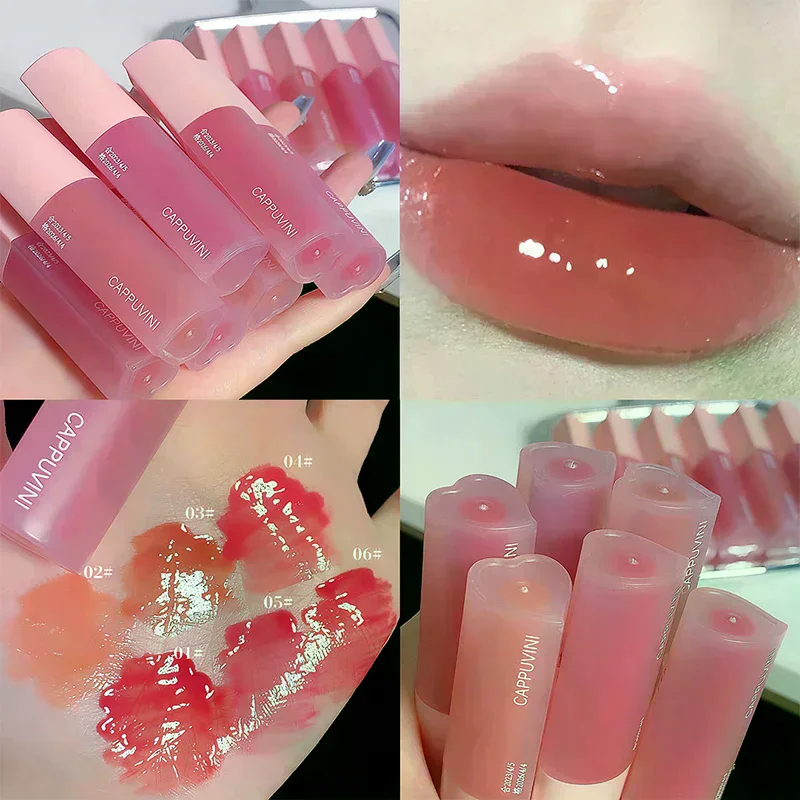 Cappuvini Love Heart Design Lip Glaze Mirror Water Light Glass Transparent Lip Gloss Moisturizing Female Cute Liquid Lipstick