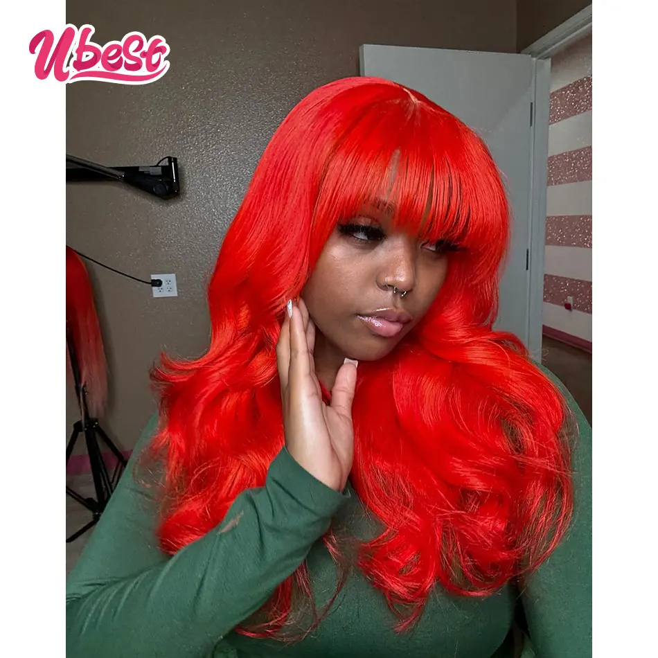 Red 613 Colored 13X6 Bangs Body Wave Transparent Lace Front Wigs 100% Human Hair 180% Density Brazilian Hair Remy Hair Wigs