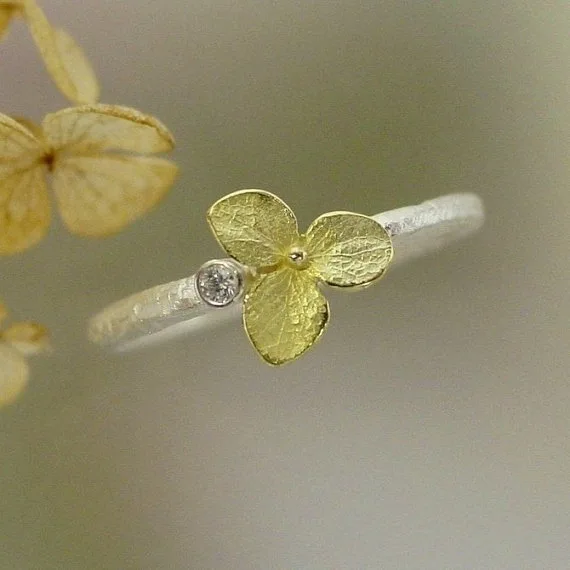 S925 Sterling Silver Ring Hot Selling New Hydrangea Flower Ring 18K Yellow Gold Plated Clover Design S925 Silver Ring For Women