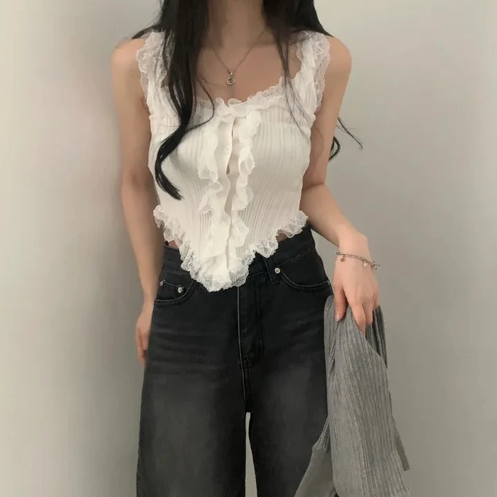 Coreano sle malha renda colheita topo feminino único svel doce branco interior usar especial pequeno picante irt