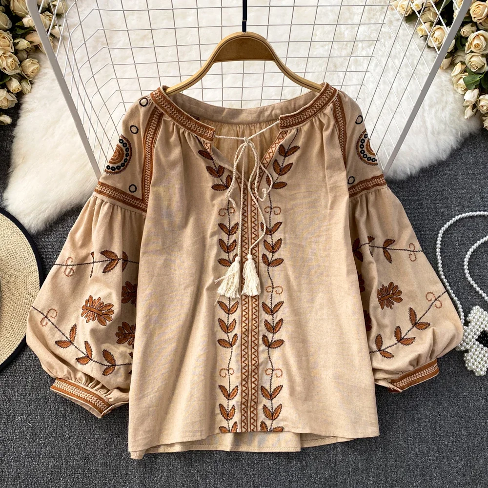 TEELYNN Vintage Long Sleeve Blouses Shirts Women Tops Casual Cotton Linen Floral Embroidery Loose Blouse Summer Boho Beach Blusa