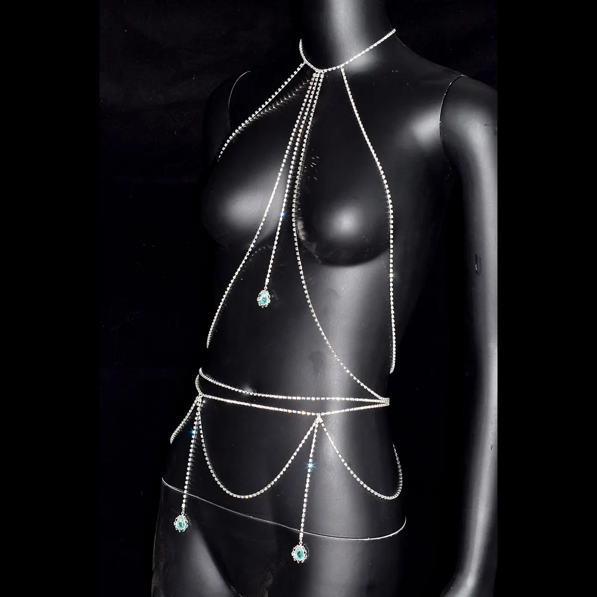 Sexy Rhinestone Bra Waist Chain Set Sparkle Trend Ladies Belly Body Jewelry Music Festival Beach Bikini Party Dress Accessories view 3