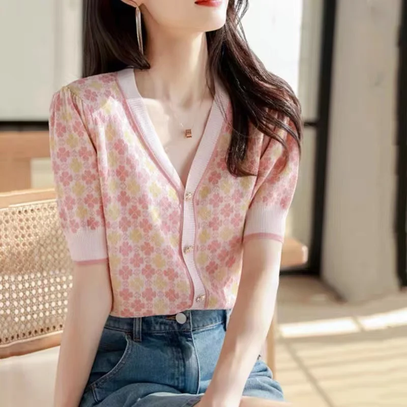 Summer floral ice short sleeve cardigan women's V-neck half sleeve jacket loose T shirt cotton thread top