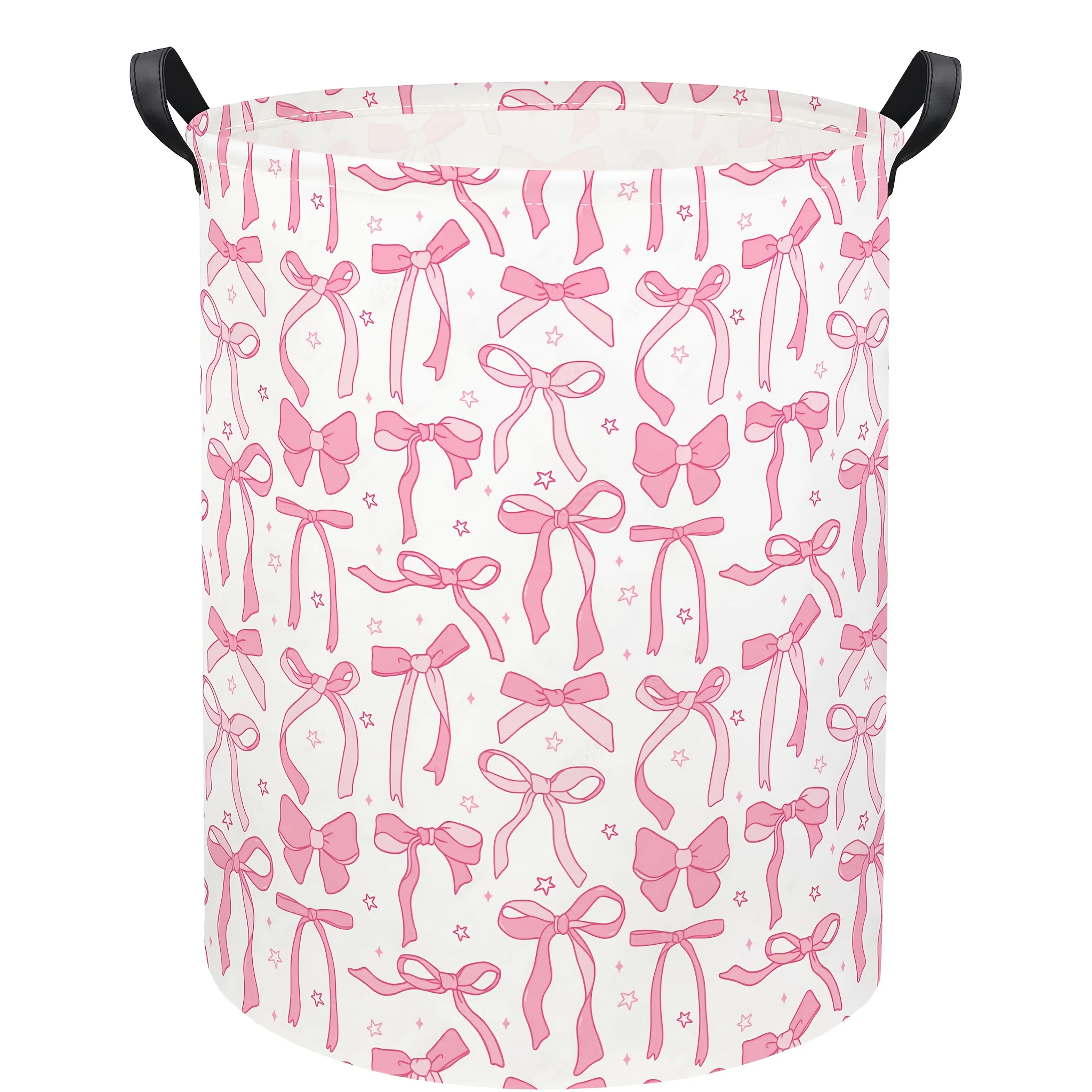 Pink Bow Print Laundry Basket Cute Coquette Pattern Storage Hamper Lightweight Waterproof Laundry Bin For Girls Bedroom