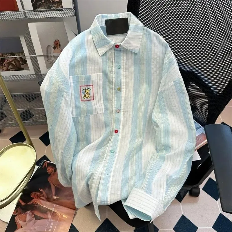 EBAIHUI Korean Mint Blue Striped Women's Shirt Multicolour Single Breasted Lapel Top Spring Autumn Loose Casual Ladies Clothing