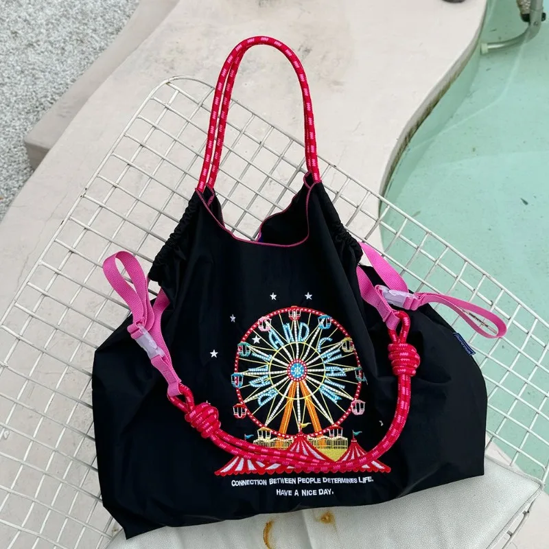 Korean-Japanese Ferris Wheel Embroidery Environmental Protection Cloth Bag Ballchain Nylon Hand Bill Shoulder Oblique Span Bag