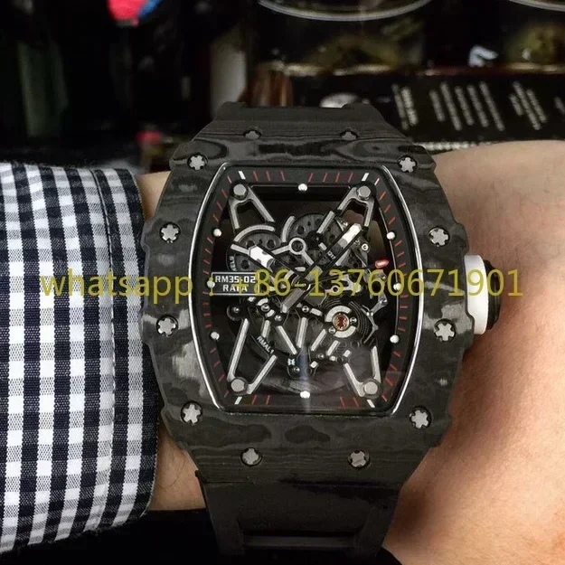 Luxury New Mens Automatic Mechanical Watch Black Carbon Fibre Black Rubber Sport Watches