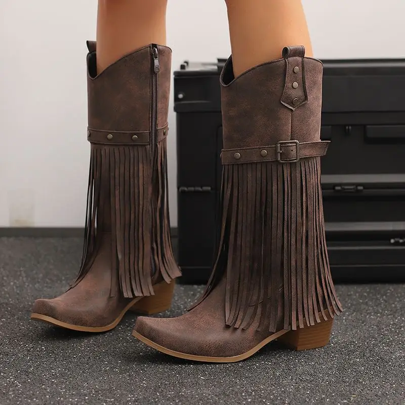 

Girseaby модные женские ботинки в стиле вестерн с квадратным носком на молнии и металлическими украшениями на блочном каблуке 5 см, большие размеры 44 45 46 Ботильоны для отдыха