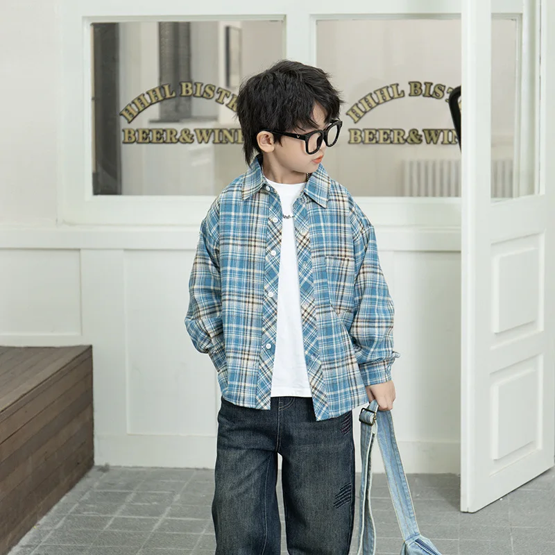 Рубашки для мальчиков и девочек, детские топы в клетку с длинным рукавом, Новинка осени 2024, куртка в стиле Хань фанчжун для детей старшего возраста, рубашка с лацканами