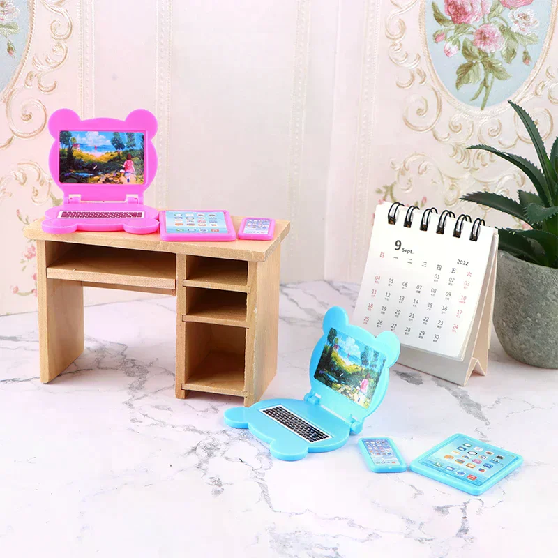 3pc/Set 1:12 Dollhouse Miniature Folding Laptop Model Computer Tablet Phone Set Doll House Office Scene Home Decor Toy