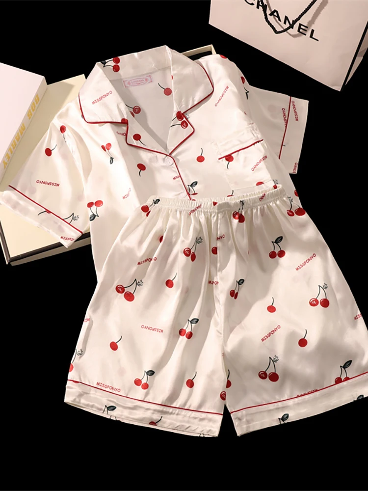 Cherry Print Pajamas Set for Women Summer Satin Two Piece Sleepwear Short Sleeve Shirt and Shorts Casual Fashion Homewear - Image 2
