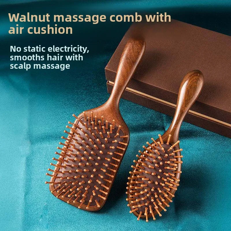 天然クルミ木製コームエアクッションマッサージコーム女性スタイル家庭用ヘアケアツール調節可能なハンドル再利用可能な家族向け製品