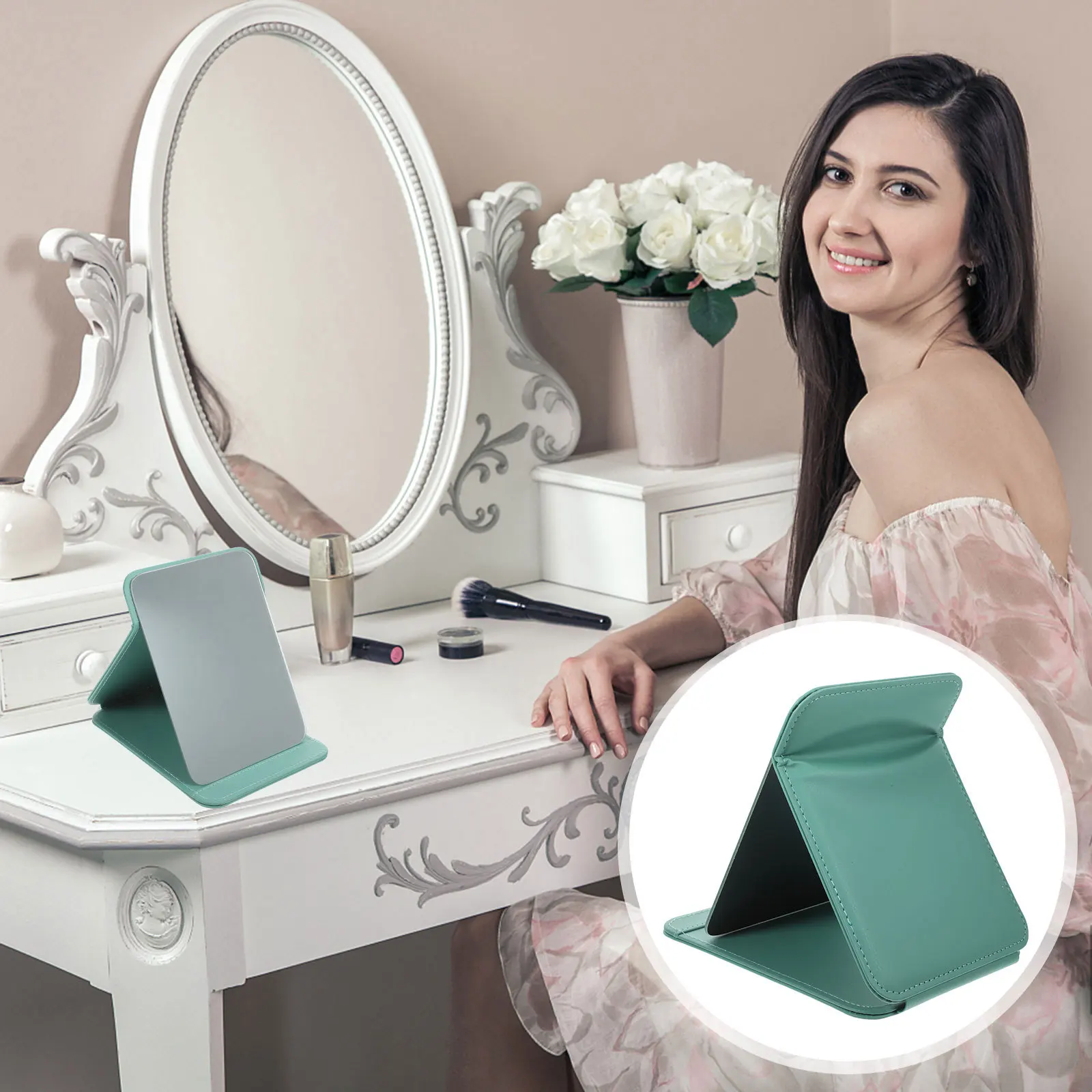 Espejo de maquillaje plegable elegante, Base estable de construcción de PVC PU resistente para escritorio, dormitorio, tocador, diseño ligero y apto para viajes