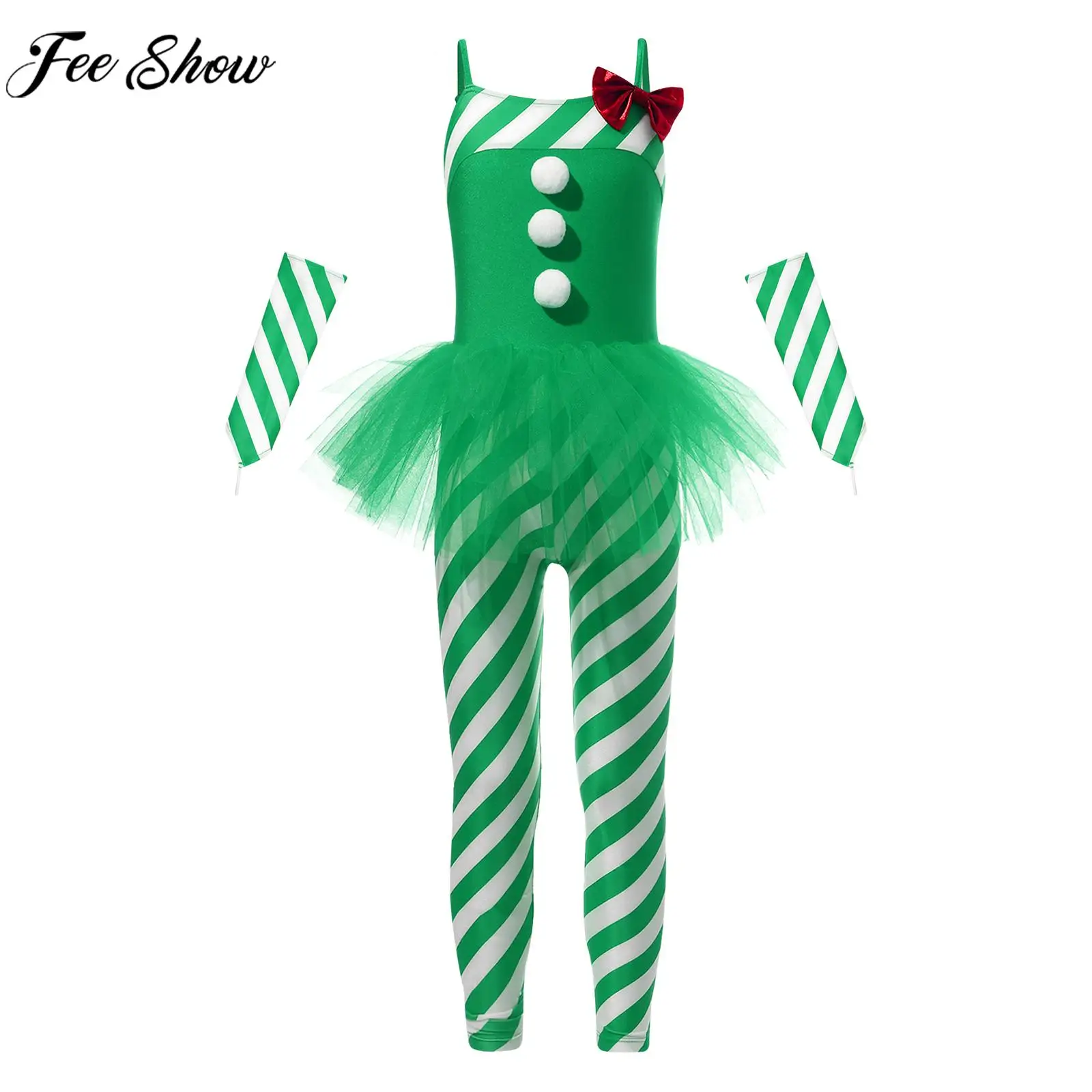 

Girls Christmas Bodysuit Ballet Dance Gymnastics Leotard Santa Claus Cosplay Costume Candy Cane Print Tutu Jumpsuit with Cuffs