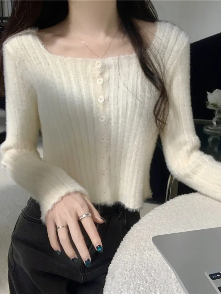 Autumn Plush Knitted Underwear Top Korean Style Women's Square Collar Single Breasted Bottoming Shirt Lady Long Sleeve Cardigan