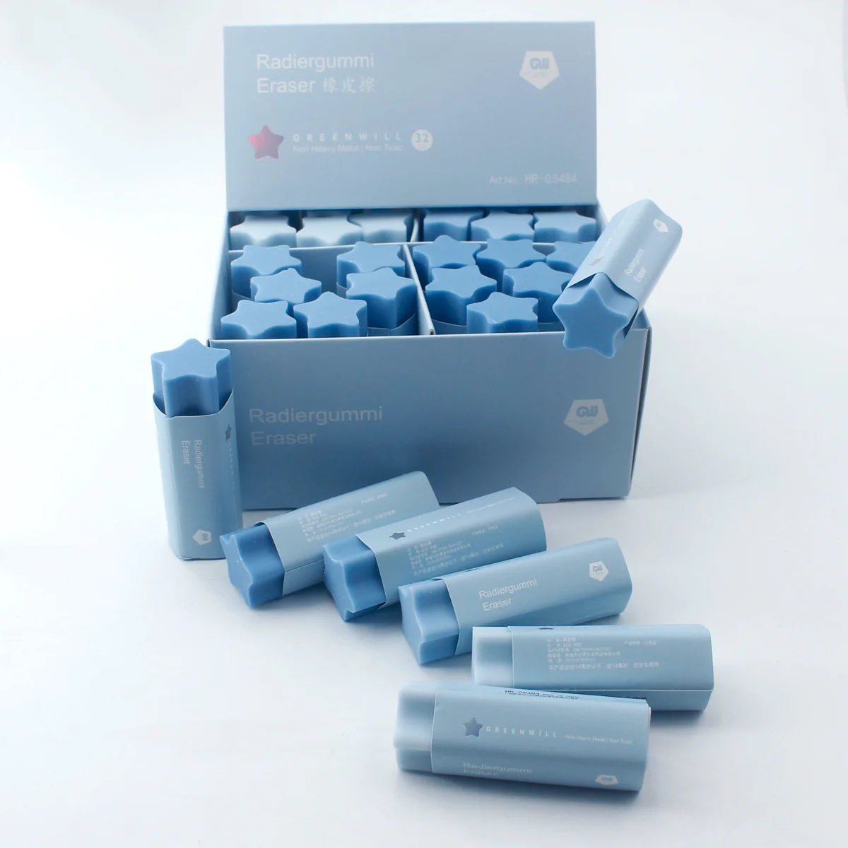 Blauer 5-spitzer sternförmiger Radiergummi mit hervorragendem Griff. Fühlen Sie einen blauen Farbverlauf. Sauber und glatt, ohne Rückstände oder Ausfallen