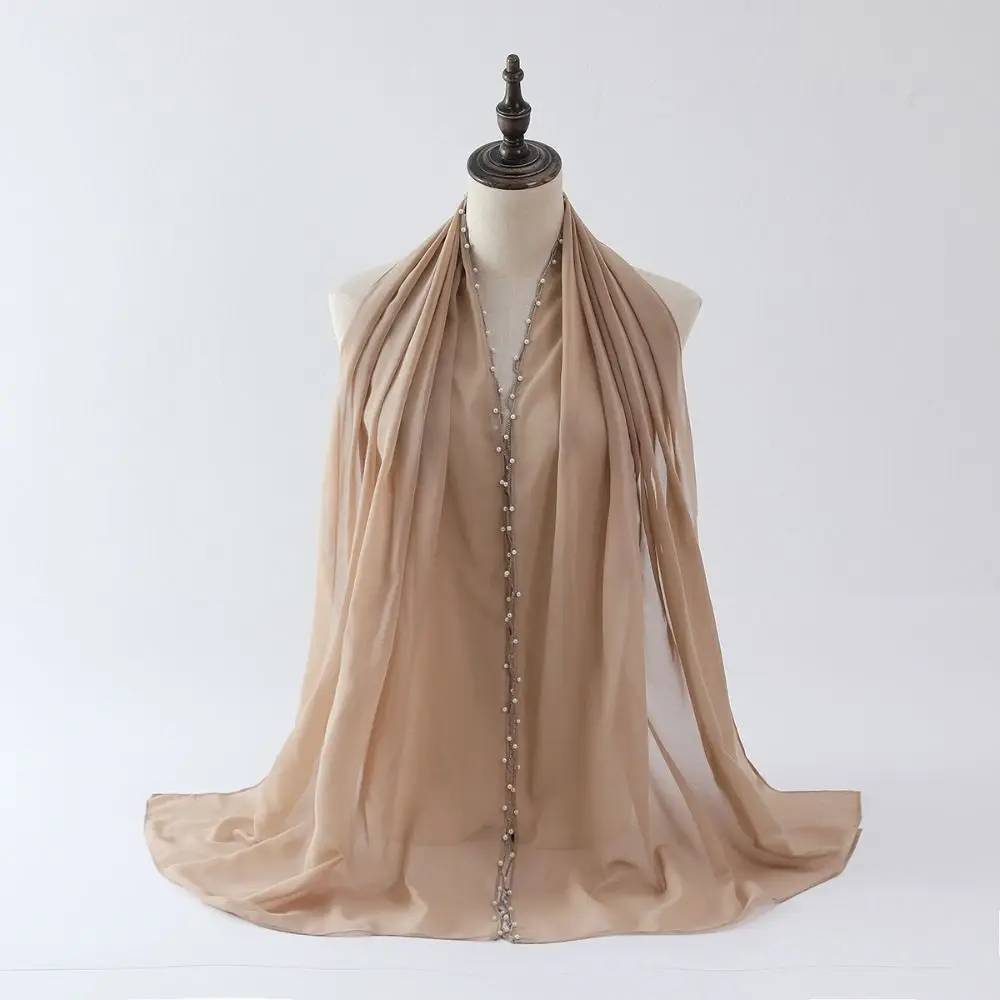 

Fashion Beads Islamic Turban Chiffon Pearls Ethnic Style Scarf Wave Chain Decor Long Malaysia Headscarf Women