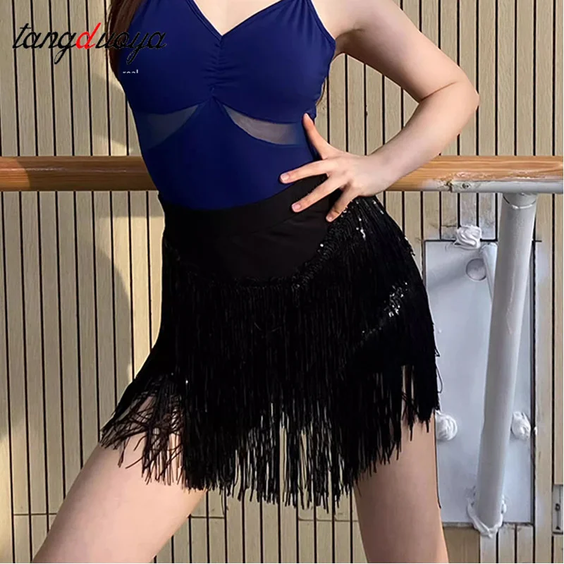 Womens Latin dance skirt Fringe skirt Ballroom skirt Sequined dance dress Elastic waistband Stage dance performance dress