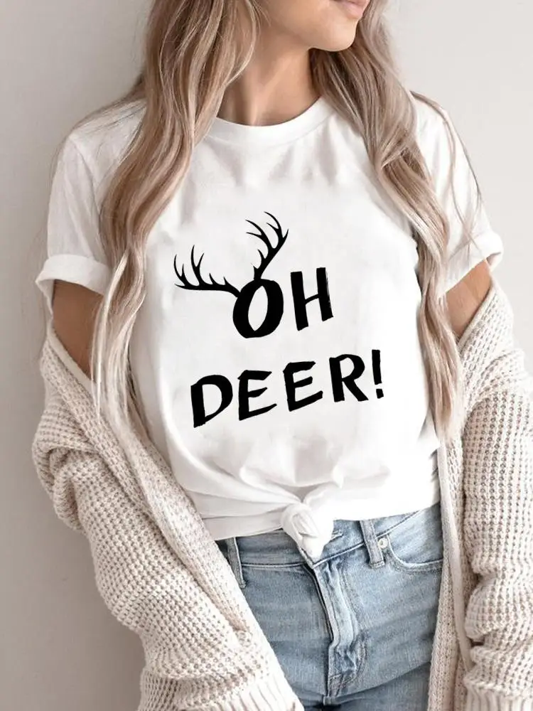 Oh Deer Letter Antlers Print T-Shirts Merry Christmas Women Holiday Shirt Clothing Fashion Cute New Year Top Graphic Tee