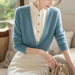 Women's Vintage Chinese Style Patchwork Fake Two Piece Knitted Sweater Elegant Chic Stand Collar Long Sleeve Slim Pullover Tops