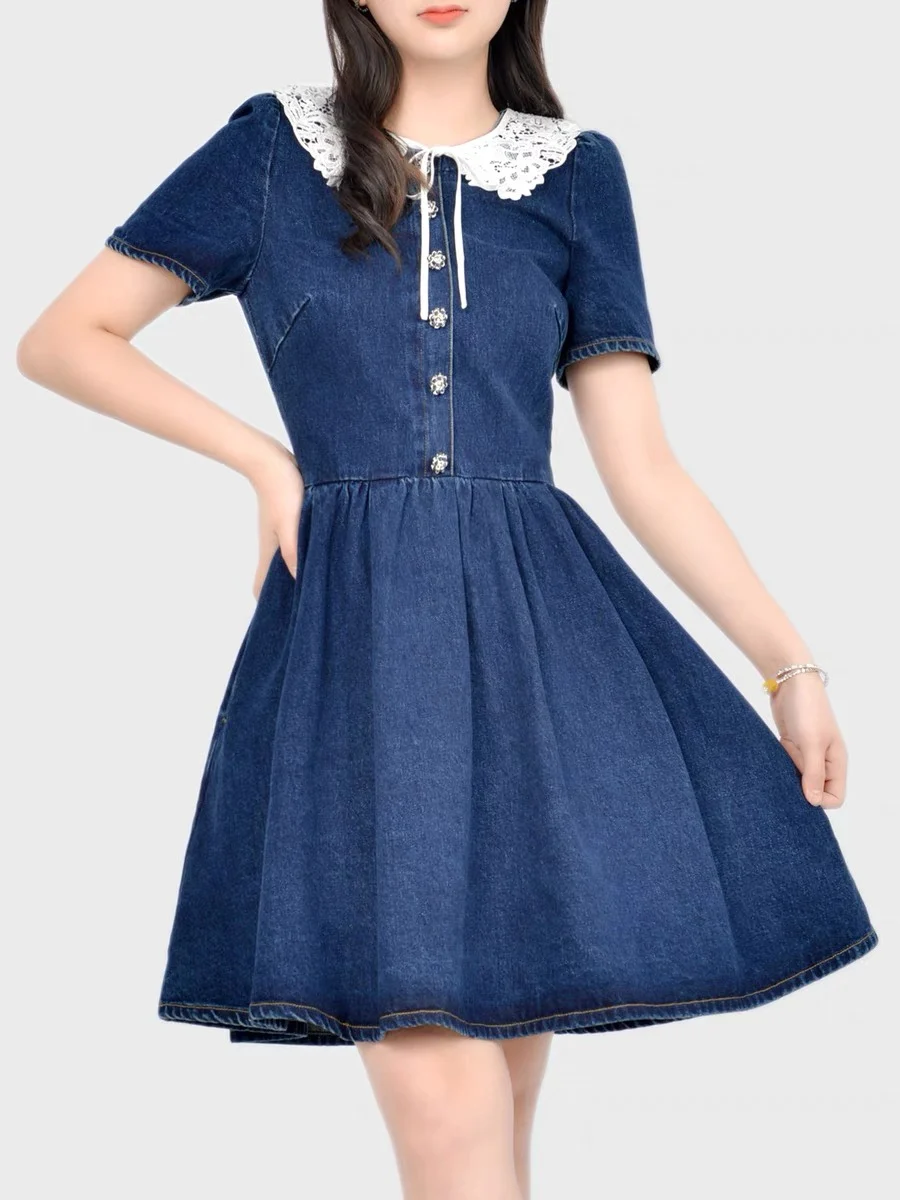 

Fashionable lace doll neckline denim diamond embellishment with waistband to reduce age and slim fit temperament dress