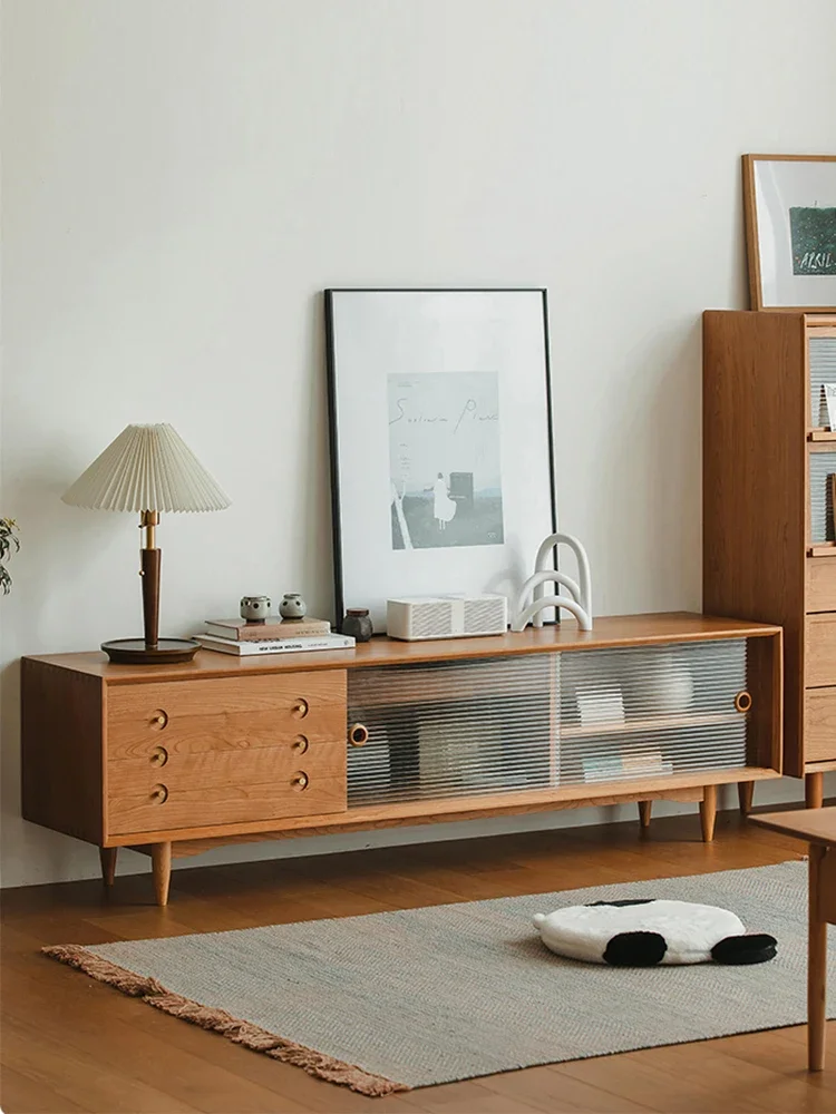 Japanese style living room solid wood TV cabinet combination, Nordic modern minimalist small unit type