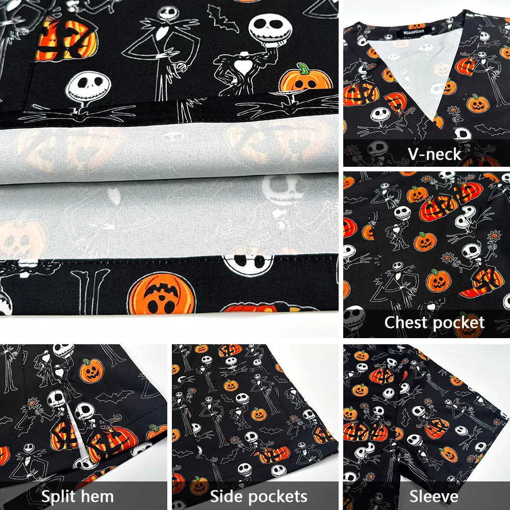 Medical Uniforms Wholesale of Halloween Costumes Cartoon Printing Doctor Nurse Working Clothes Breathable Work Clothes Top Scrub