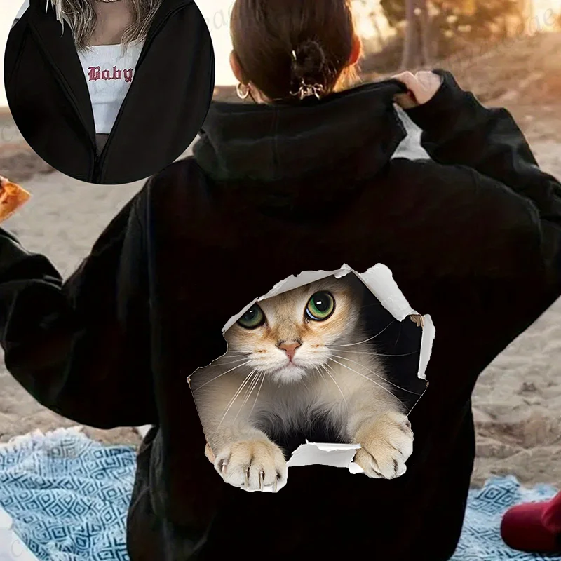 سترة رياضية عصرية غير رسمية بسحاب هيب هوب باللون الأسود سترة نسائية بغطاء للرأس مطبوعة على شكل قطة ومخلب ملابس نسائية هاراجوكو ملابس الشارع