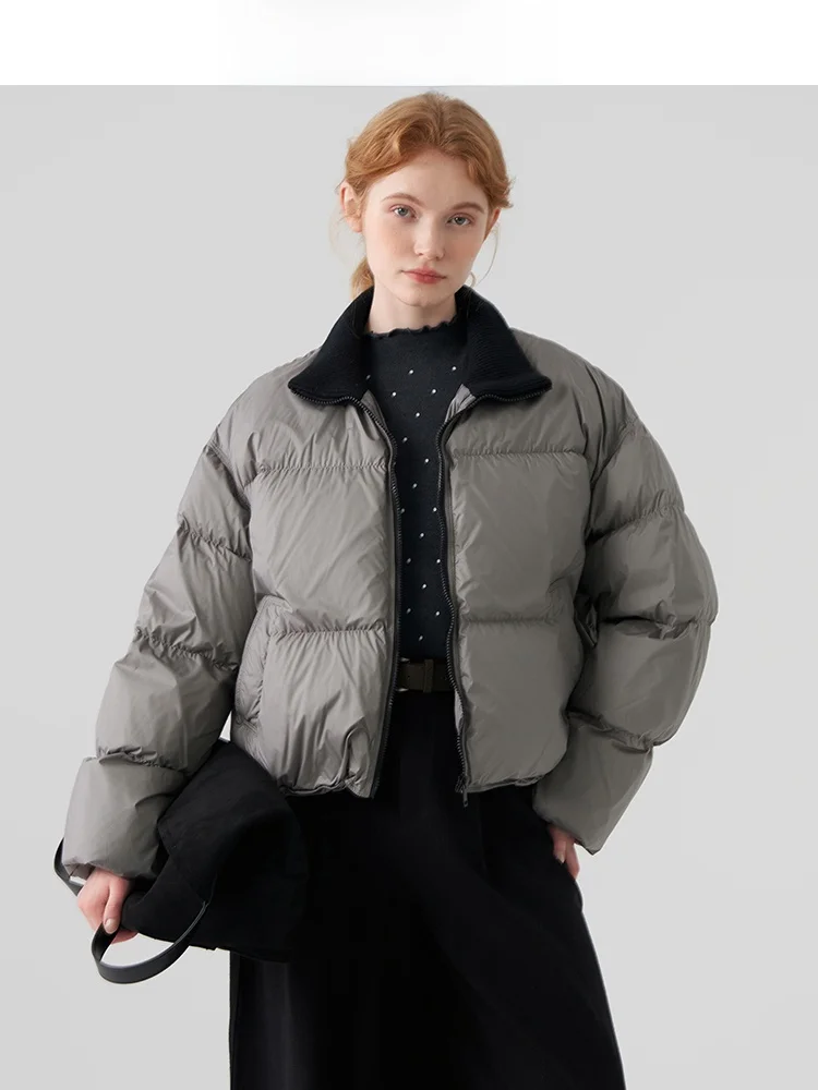 

Jiujiu Design Color Block Collar Women's down Jacket Thickened Warm Lightweight Duck Feather Coat Winter Casual Style Short