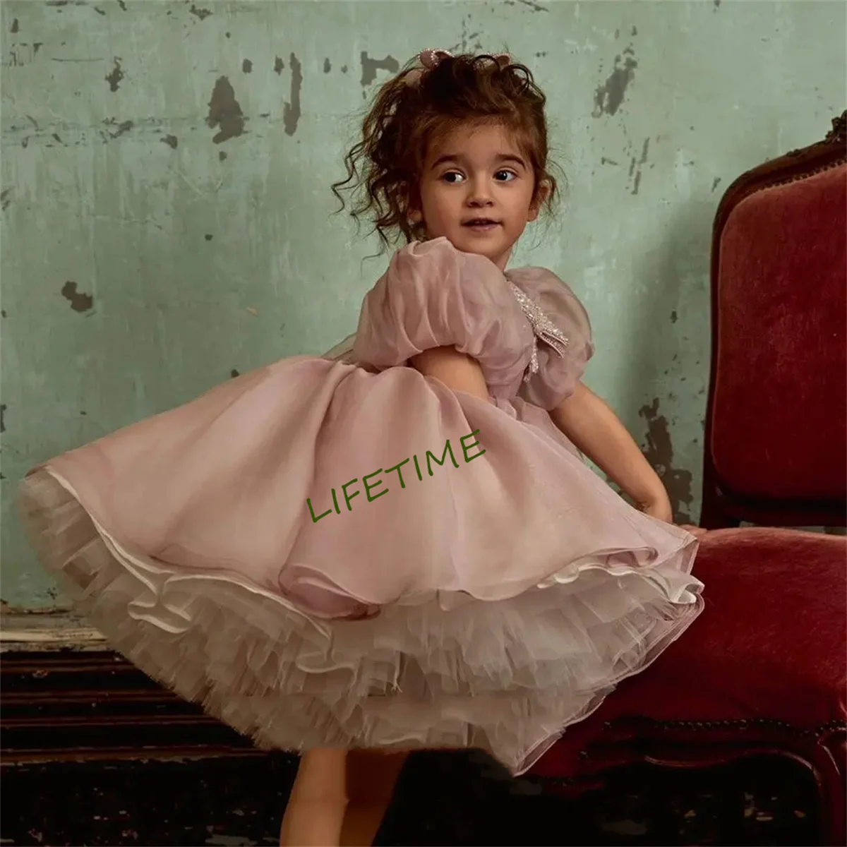 Vestido de niña rosa polvoriento elegante y brillante personalizado con lazo princesa bebé niños boda cumpleaños vestido de fiesta de primera comunión 2025