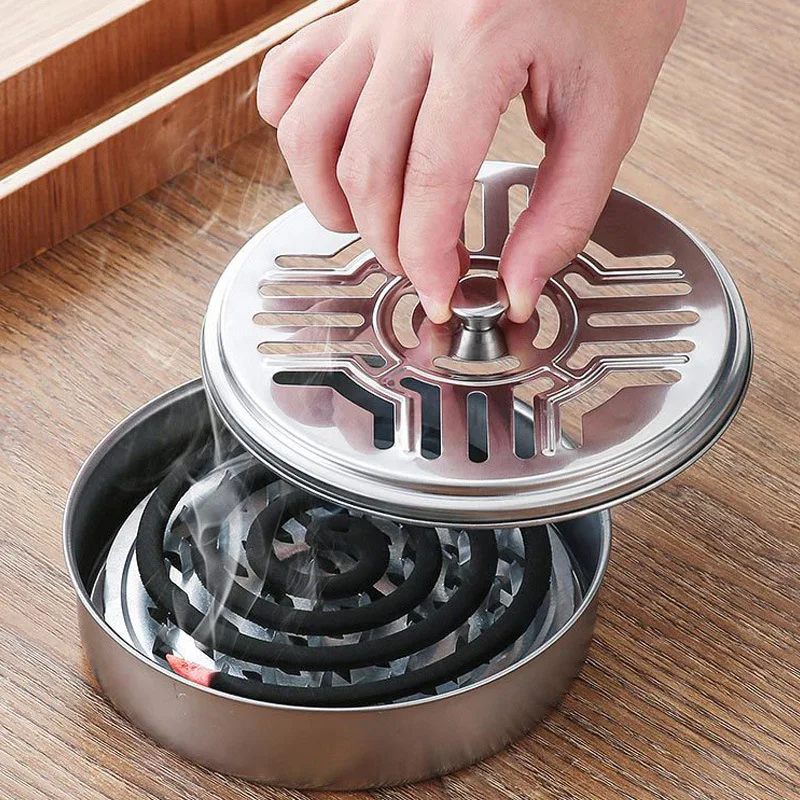 Mosquito Coils Holder Stainless Steel Mosquito Coil Box with Cover Round Mosquito Coil Tray Easy To Clean Anti-Mosquito Supplies